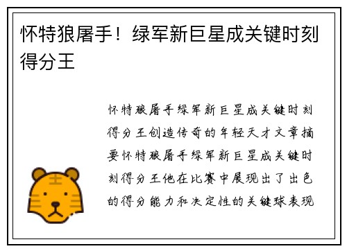 怀特狼屠手！绿军新巨星成关键时刻得分王